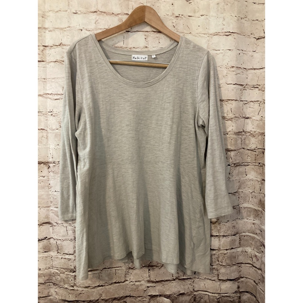 Habitat Top Womens Large Lagenlook Gray Long Sleeve Cotton Flowy Babydoll Blouse